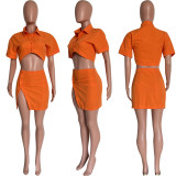 Solid Buttons Crop Top+Split Mini Skirt 2 Piece Sets HMS-5547