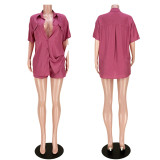 Casual Solid Short Sleeve Shirt Shorts Two Piece Set ASL-6578 