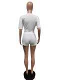 Solid Color Split Lace Up Short Sleeve Shorts Two Piece Sets MEM-88441