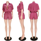 Casual Solid Short Sleeve Shirt Shorts Two Piece Set ASL-6578 