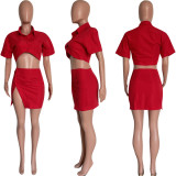Solid Buttons Crop Top+Split Mini Skirt 2 Piece Sets HMS-5547