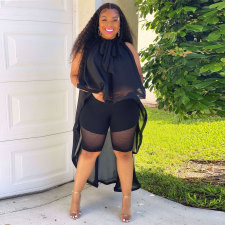 Plus Size Chiffon Black Sleeveless Irregular Top NY-2423