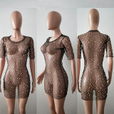 Sexy Mesh Short Sleeve Beaded Mini Dress BN-B9083