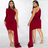 Solid One Shoulder Irregular Bodycon Dress BY-5817