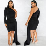 Solid One Shoulder Irregular Bodycon Dress BY-5817