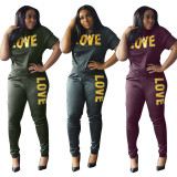 Plus Size Lettter Print Two Piece Pants Sets LSD-88055