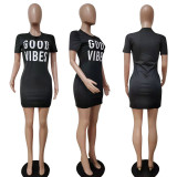 Letter Print Short Sleeve O Neck Mini Dress LSD-88222