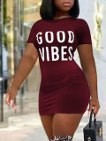 Letter Print Short Sleeve O Neck Mini Dress LSD-88222