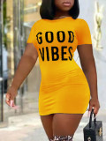 Letter Print Short Sleeve O Neck Mini Dress LSD-88222