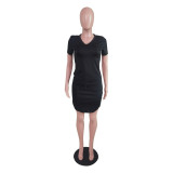 Solid V Neck T Shirt Mini Skirt Two Piece Sets BS-1312