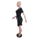 Solid V Neck T Shirt Mini Skirt Two Piece Sets BS-1312