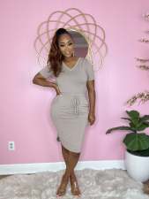 Solid V Neck T Shirt Mini Skirt Two Piece Sets BS-1312