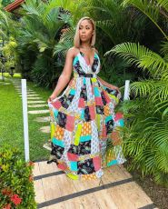Sexy Printed V Neck Backless Cross Strap Maxi Dress TK-6243
