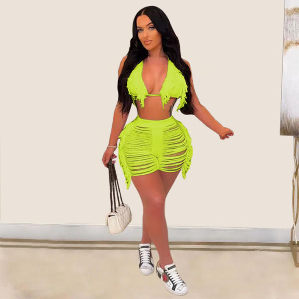Sexy Tassel Hollow Out Two Piece Shorts Sets TR-1210