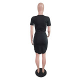 Solid V Neck T Shirt Mini Skirt Two Piece Sets BS-1312