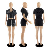 Letter B Embroidery Hooded Zipper 2 Piece Shorts Sets DDF-88172