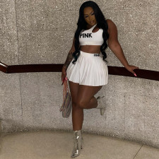 Plus Size Pink Letter Print Tank Mini Skirt 2 Piece Sets MEI-9265