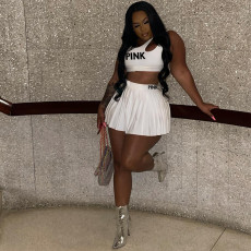 Plus Size Pink Letter Print Tank Mini Skirt 2 Piece Sets MEI-9265