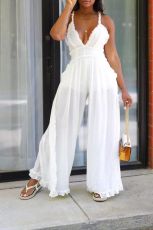Solid V Neck Cross Strap Split Wide Leg Jumpsuit MK-3094