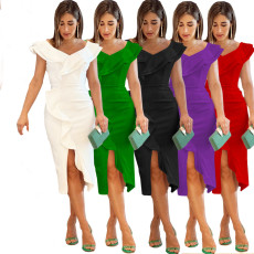 Solid Ruffled V Neck Slim Midi Dress LS-0375