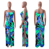 Sexy Printed Split Leg Sling Jumpsuit NIK-313