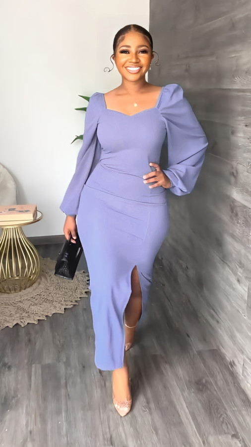 Solid Long Sleeve Split Maxi Dress LS-0374