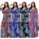 Plus Size Floral Print V Neck High Waist Maxi Dress XMY-9364