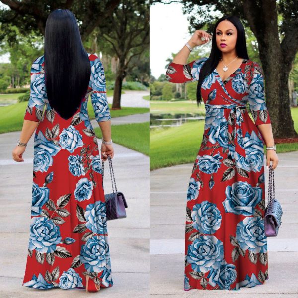 Plus Size Floral Print V Neck High Waist Maxi Dress XMY-9364