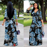 Plus Size Floral Print V Neck High Waist Maxi Dress XMY-9364