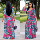Plus Size Floral Print V Neck High Waist Maxi Dress XMY-9364