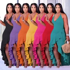 Plus Size Solid Irregular Ruffled Maxi Dress HM-6618