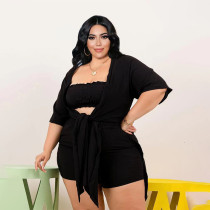 Plus Size Solid Tube Top+Colak Coat+Shorts 3 Piece Sets PHF-13286