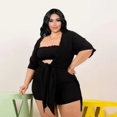 Plus Size Solid Tube Top+Colak Coat+Shorts 3 Piece Sets PHF-13286