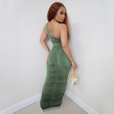 Solid One Shoulder Ruched Maxi Skirt Two Piece Sets YF-9880
