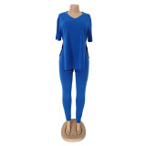 Solid Split V Neck T Shirt And Pants 2 Piece Sets AIL-AL210
