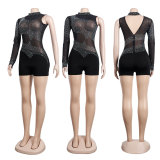 Plus Size Mesh Hot Drilling One Shoulder Club Romper NY-2439