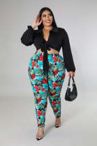 Plus Size Long Sleeve Shirt+Printed Pants 2 Piece Sets OSM-5304