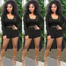 Solid Ribbed Tank Top+Long Sleeve Cloak+Shorts 3 Piece Sets NY-8999