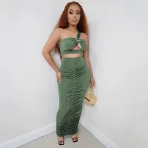 Solid One Shoulder Ruched Maxi Skirt Two Piece Sets YF-9880