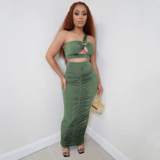 Solid One Shoulder Ruched Maxi Skirt Two Piece Sets YF-9880