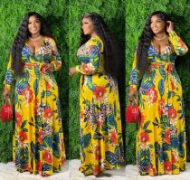 Plus Size Floral Print Long Sleeve V Neck Maxi Dress NK-8617