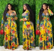 Plus Size Floral Print Long Sleeve V Neck Maxi Dress NK-8617