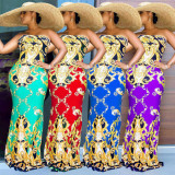Plus Size Retro Print Strapless  Maxi Dress WPF-80688