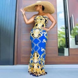 Plus Size Retro Print Strapless  Maxi Dress WPF-80688