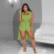 Plus Size Ribbed Tank Top+Long Cloak+Shorts 3 Piece Sets ZDF-31210D