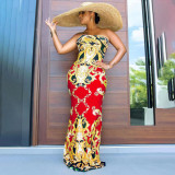 Plus Size Retro Print Strapless  Maxi Dress WPF-80688