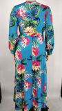 Plus Size Floral Print Long Sleeve V Neck Maxi Dress NK-8617