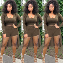 Solid Ribbed Tank Top+Long Sleeve Cloak+Shorts 3 Piece Sets NY-8999