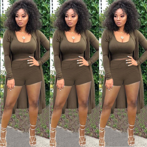 Solid Ribbed Tank Top+Long Sleeve Cloak+Shorts 3 Piece Sets NY-8999