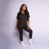 Solid Split V Neck T Shirt And Pants 2 Piece Sets AIL-AL210